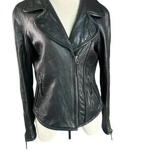 Tahari Black Glove Soft Lamb Leather Moto Jacket Double Zipper Size Medium